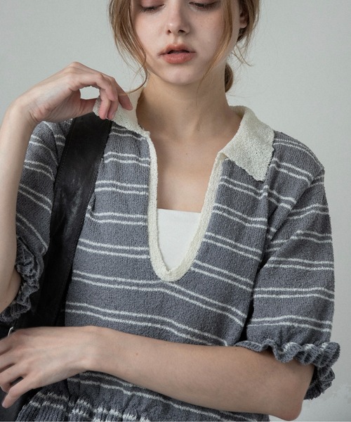 lawgy(ラウジー)の「u neck frill border knit tops / uネックフリルボーダーニットトップス(ニット/セーター・レディース・ホワイト/ブルー系/グレー・FREE)」の11枚目の写真