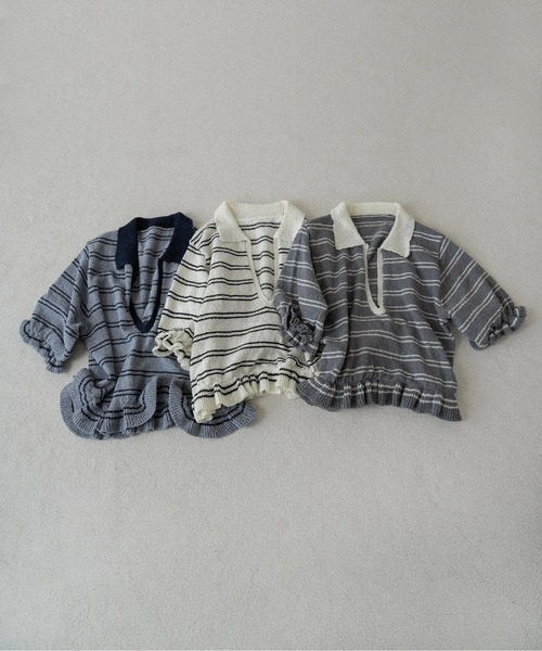 lawgy(ラウジー)の「u neck frill border knit tops / uネックフリルボーダーニットトップス(ニット/セーター・レディース・ホワイト/ブルー系/グレー・FREE)」の4枚目の写真