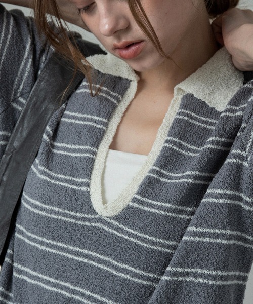 lawgy(ラウジー)の「u neck frill border knit tops / uネックフリルボーダーニットトップス(ニット/セーター・レディース・ホワイト/ブルー系/グレー・FREE)」の16枚目の写真