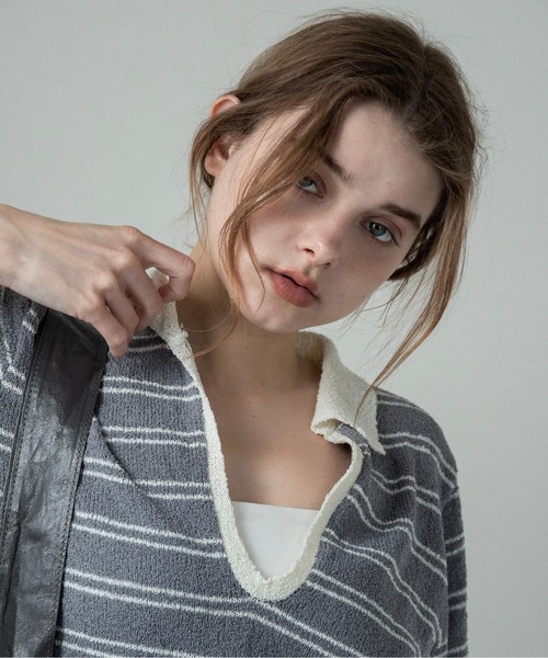 lawgy(ラウジー)の「u neck frill border knit tops / uネックフリルボーダーニットトップス(ニット/セーター・レディース・ホワイト/ブルー系/グレー・FREE)」の13枚目の写真