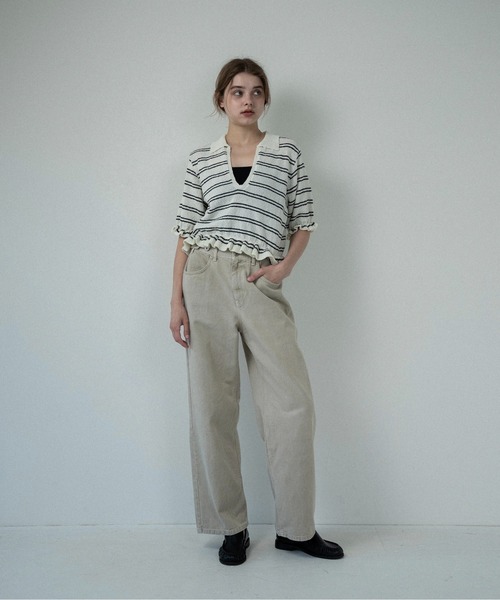 lawgy(ラウジー)の「u neck frill border knit tops / uネックフリルボーダーニットトップス(ニット/セーター・レディース・ホワイト/ブルー系/グレー・FREE)」の9枚目の写真