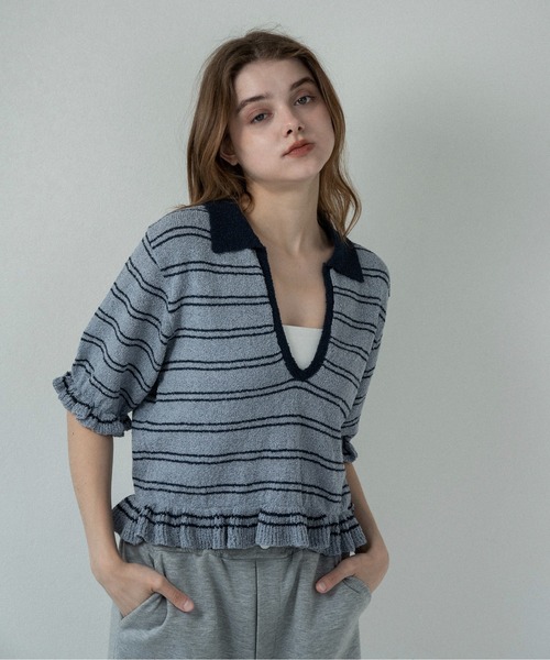 lawgy(ラウジー)の「u neck frill border knit tops / uネックフリルボーダーニットトップス(ニット/セーター・レディース・ホワイト/ブルー系/グレー・FREE)」の18枚目の写真