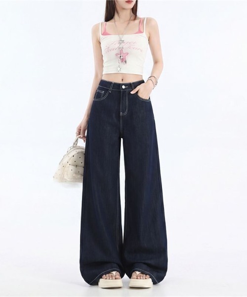 LUCPY(ラクピー)の「ハイウエストワイドデニムパンツ(デニムパンツ・レディース・ネイビー・MEDIUM/SMALL/X-SMALL/LARGE)」の1枚目の写真
