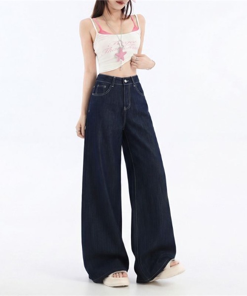 LUCPY(ラクピー)の「ハイウエストワイドデニムパンツ(デニムパンツ・レディース・ネイビー・MEDIUM/SMALL/X-SMALL/LARGE)」の3枚目の写真