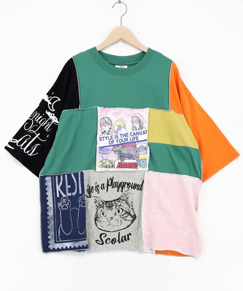 162732：配色パッチワーク風切替Tシャツ