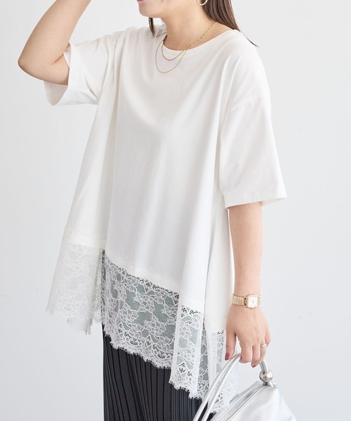 Green　Parks（グリーンパークス）の「裾イレヘムレースプルオーバーⅡ（Tシャツ/カットソー・レディース・ライトカーキ/ブラック/オフホワイト・FREE）」の2枚目の写真