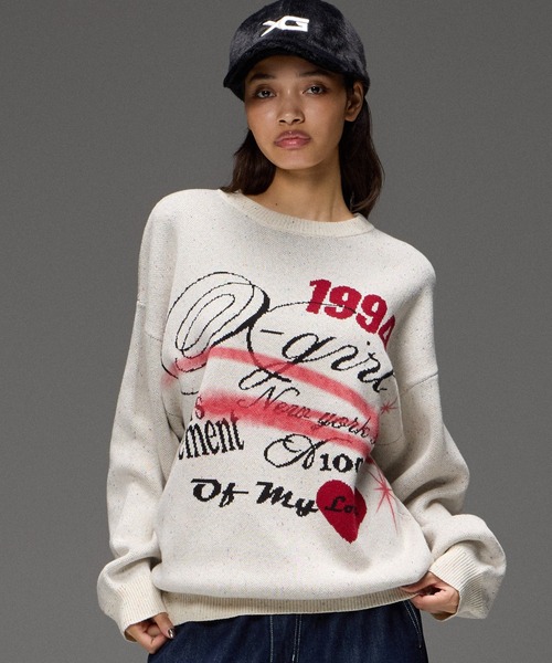 X-girl(エックスガール)の「SKETCH JACQUARD KNIT TOP(ニット/セーター・レディース・ブラック/オフホワイト・ONE SIZE)」の2枚目の写真
