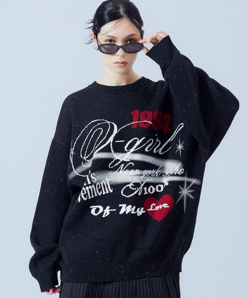 X-girl(エックスガール)の「SKETCH JACQUARD KNIT TOP(ニット/セーター・レディース・ブラック/オフホワイト・ONE SIZE)」の1枚目の写真
