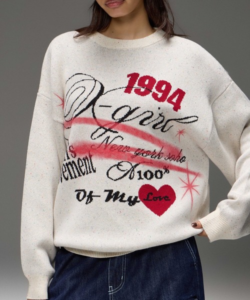 X-girl(エックスガール)の「SKETCH JACQUARD KNIT TOP(ニット/セーター・レディース・ブラック/オフホワイト・ONE SIZE)」の4枚目の写真