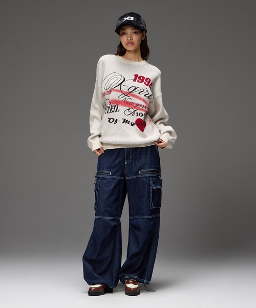 X-girl(エックスガール)の「SKETCH JACQUARD KNIT TOP(ニット/セーター・レディース・ブラック/オフホワイト・ONE SIZE)」の3枚目の写真
