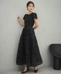 チュールフリル スカート パフスリーブ トップス セットアップ 結婚式 ワンピース パーティードレス オケージョンドレス お呼ばれ 二次会 成人式 同窓会 謝恩会