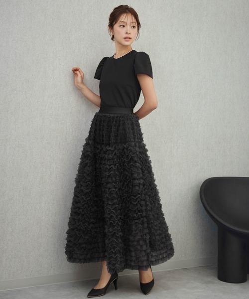 girl（ガール）の「チュールフリル スカート パフスリーブ トップス セットアップ 結婚式 ワンピース パーティードレス オケージョンドレス お呼ばれ 二次会 成人式 同窓会 謝恩会（ドレス・レディース・ブラック×グレー/ブラック/ブラック×ピンク・2L/L/M/S）」の2枚目の写真