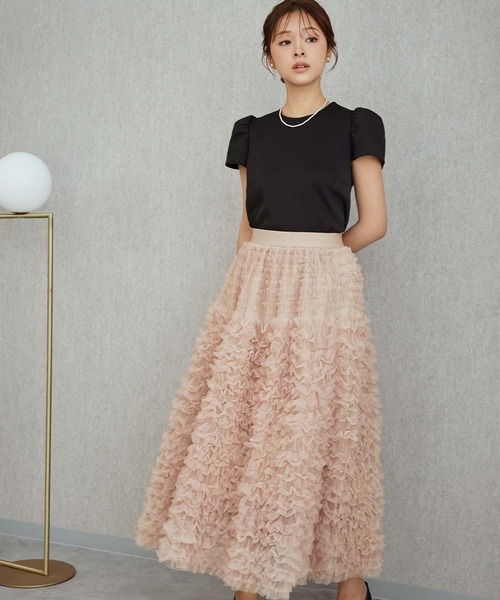 girl（ガール）の「チュールフリル スカート パフスリーブ トップス セットアップ 結婚式 ワンピース パーティードレス オケージョンドレス お呼ばれ 二次会 成人式 同窓会 謝恩会（ドレス・レディース・ブラック×グレー/ブラック/ブラック×ピンク・2L/L/M/S）」の6枚目の写真