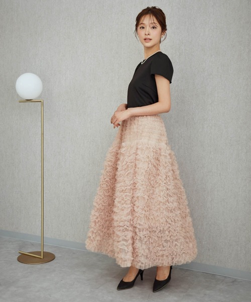 girl（ガール）の「チュールフリル スカート パフスリーブ トップス セットアップ 結婚式 ワンピース パーティードレス オケージョンドレス お呼ばれ 二次会 成人式 同窓会 謝恩会（ドレス・レディース・ブラック×グレー/ブラック/ブラック×ピンク・2L/L/M/S）」の8枚目の写真