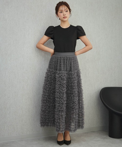 girl（ガール）の「チュールフリル スカート パフスリーブ トップス セットアップ 結婚式 ワンピース パーティードレス オケージョンドレス お呼ばれ 二次会 成人式 同窓会 謝恩会（ドレス・レディース・ブラック×グレー/ブラック/ブラック×ピンク・2L/L/M/S）」の10枚目の写真