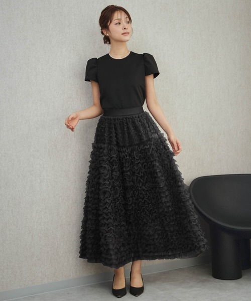 girl（ガール）の「チュールフリル スカート パフスリーブ トップス セットアップ 結婚式 ワンピース パーティードレス オケージョンドレス お呼ばれ 二次会 成人式 同窓会 謝恩会（ドレス・レディース・ブラック×グレー/ブラック/ブラック×ピンク・2L/L/M/S）」の16枚目の写真