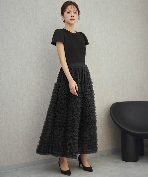 girl（ガール）の「チュールフリル スカート パフスリーブ トップス セットアップ 結婚式 ワンピース パーティードレス オケージョンドレス お呼ばれ 二次会 成人式 同窓会 謝恩会（ドレス・レディース・ブラック×グレー/ブラック/ブラック×ピンク・2L/L/M/S）」の17枚目の写真