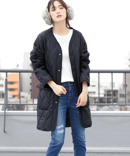 coen（コーエン）の「【手洗いできる】TUFLEX(タフレックス)×Thermore(サーモア)キルティングコート（ミリタリージャケット・レディース・オリーブ/ネイビー・LARGE/MEDIUM）」の2枚目の写真