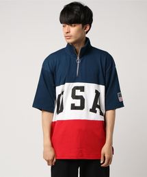 星条旗USAロゴプリントビッグシルエットハーフジップアップ半袖Tシャツ