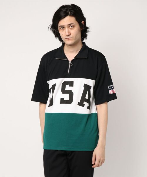 STYLEBLOCK(スタイルブロック)の「星条旗USAロゴプリントビッグシルエットハーフジップアップ半袖Tシャツ(Tシャツ/カットソー・メンズ・グリーン/イエロー/レッド・L/M)」の2枚目の写真