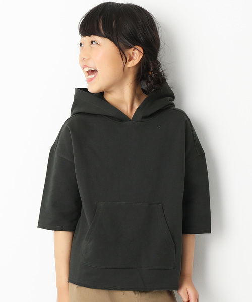 devirock（デビロック）の「切りっぱなしミニ裏毛7分袖パーカー（パーカー・キッズ・カーキ/ブルーグレー/ラベンダー/杢グレー/スミクロ/モカ・130cm/140cm/150cm/160cm/110cm/100cm/120cm）」の2枚目の写真