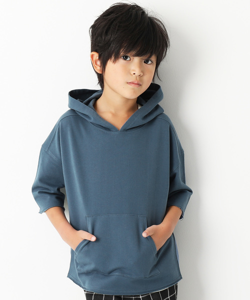 devirock（デビロック）の「切りっぱなしミニ裏毛7分袖パーカー（パーカー・キッズ・カーキ/ブルーグレー/ラベンダー/杢グレー/スミクロ/モカ・130cm/140cm/150cm/160cm/110cm/100cm/120cm）」の3枚目の写真