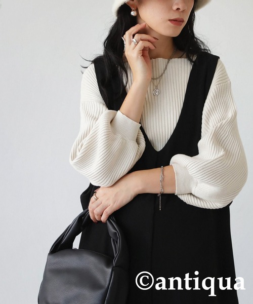 antiqua(アンティカ)の「綿100%ボートネックリブニット。(ニット/セーター・レディース・ブラック/杢グレー/オフホワイト/ベージュ・M/L)」の5枚目の写真