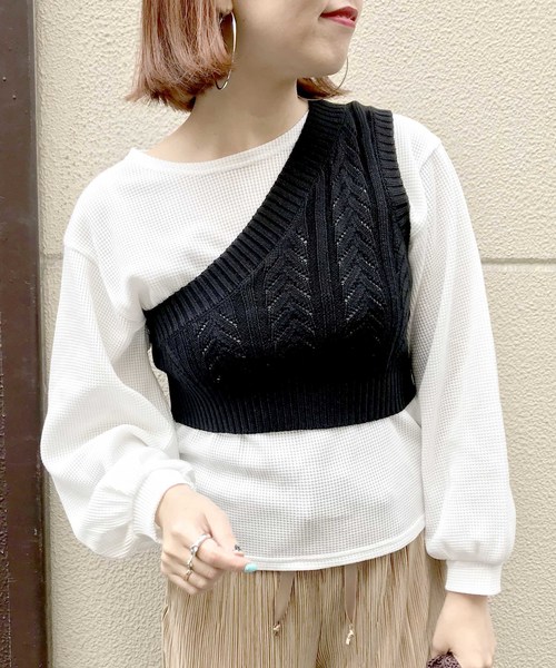archives（アルシーヴ）の「ワンショルベスト×ワッフルTシャツSET（ベスト・レディース・アイボリー/ブラック/モカ・MEDIUM）」の2枚目の写真