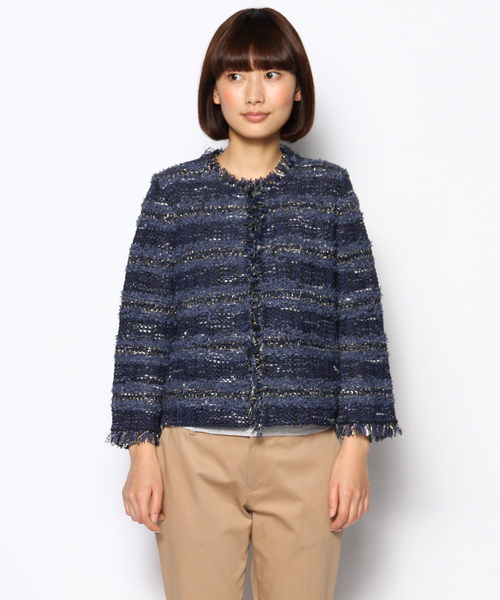 自由区（ジユウク）の「ラグジュアリーニットツィード　ジャケット（ノーカラージャケット・レディース・ネイビー系1/ベージュ系/ホワイト系・46/44）」の13枚目の写真