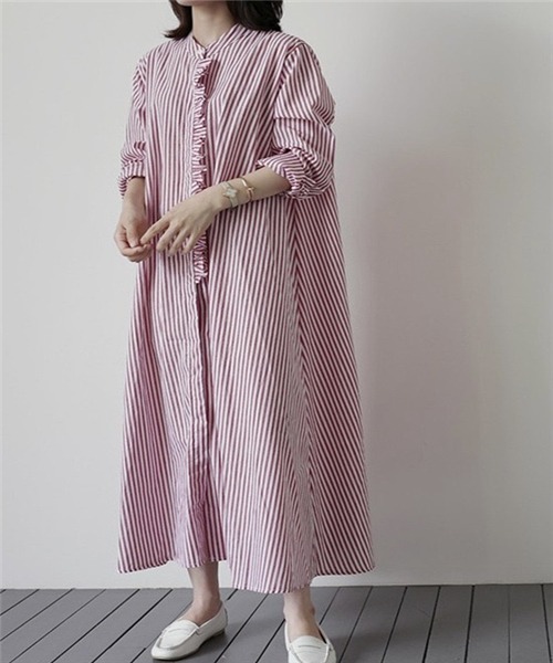 セール 綿100 ストライプ柄aラインマキシ丈ワンピース シャツワンピース Free Stylists フリー スタイリスト のファッション通販 Zozotown