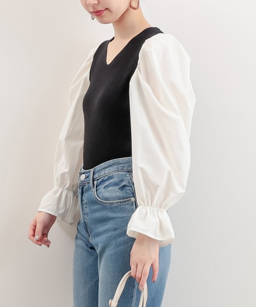 natural couture（ナチュラルクチュール）の「【WEB限定カラー有り】袖パフ異素材切替ニット（ニット/セーター・レディース・ブラック/ベージュ/その他1/ミント・FREE）」の4枚目の写真