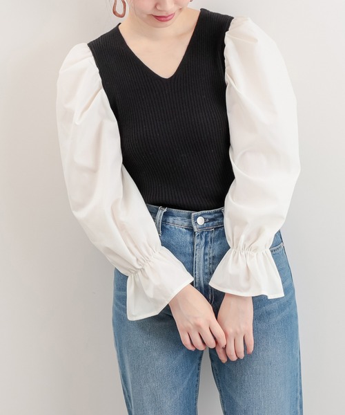 natural couture（ナチュラルクチュール）の「【WEB限定カラー有り】袖パフ異素材切替ニット（ニット/セーター・レディース・ブラック/ベージュ/その他1/ミント・FREE）」の12枚目の写真