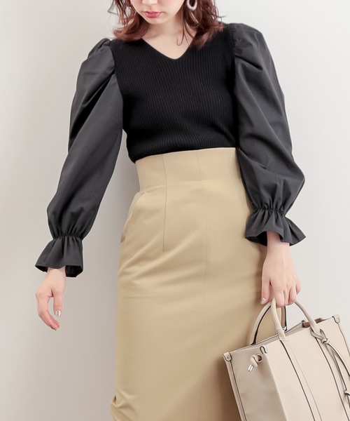 natural couture（ナチュラルクチュール）の「【WEB限定カラー有り】袖パフ異素材切替ニット（ニット/セーター・レディース・ブラック/ベージュ/その他1/ミント・FREE）」の5枚目の写真