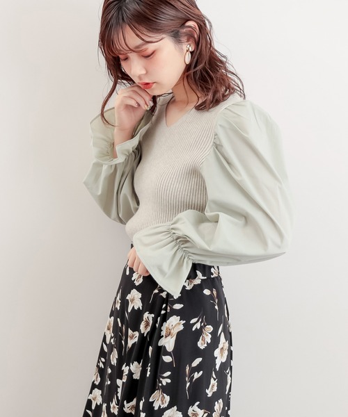 natural couture（ナチュラルクチュール）の「【WEB限定カラー有り】袖パフ異素材切替ニット（ニット/セーター・レディース・ブラック/ベージュ/その他1/ミント・FREE）」の11枚目の写真