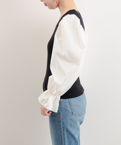 natural couture（ナチュラルクチュール）の「【WEB限定カラー有り】袖パフ異素材切替ニット（ニット/セーター・レディース・ブラック/ベージュ/その他1/ミント・FREE）」の16枚目の写真