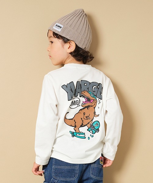 XLARGE KIDS(エクストララージキッズ)の「スケートダイナソー長袖゙Tシャツ(Tシャツ/カットソー・キッズ・ライトカーキ/ホワイト/ベージュ・140cm/130cm/110cm/120cm/90cm/100cm/80cm)」の1枚目の写真