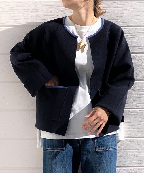 Q(キュー)の「ミラノリブダンボールカーデ(カーディガン/ボレロ・レディース・アイボリー/ネイビー・MEDIUM)」の2枚目の写真