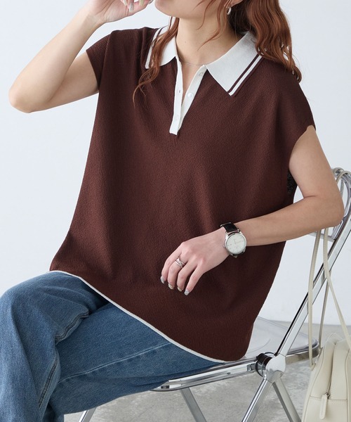 BONLECILL（ボンルシール）の「配色 フレンチスリーブ半袖ニットポロプルオーバー（ポロシャツ・レディース・モスグリーン/オフホワイト/ネイビー/ワイン/オレンジ/ブラック/ブラウン・FREE）」の4枚目の写真