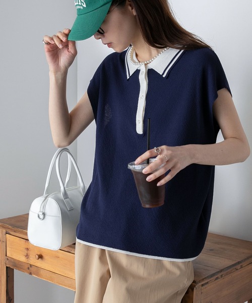 配色 フレンチスリーブニットポロプルオーバー（ポロシャツ