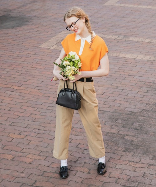 BONLECILL（ボンルシール）の「配色 フレンチスリーブニットポロプルオーバー（ポロシャツ・レディース・モスグリーン/オフホワイト/ネイビー/ワイン/オレンジ/ブラック・FREE）」の20枚目の写真