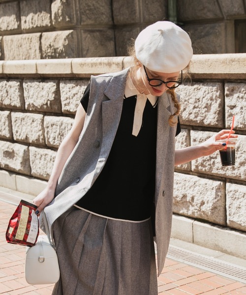 BONLECILL（ボンルシール）の「配色 フレンチスリーブニットポロプルオーバー（ポロシャツ・レディース・モスグリーン/オフホワイト/ネイビー/ワイン/オレンジ/ブラック・FREE）」の15枚目の写真