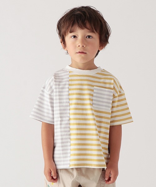 petit main（プティマイン）の「ボーダー切替Ｔシャツ（Tシャツ/カットソー・キッズ・ネイビー/イエロー/グリーン・110cm/120cm/100cm/130cm/90cm/80ｃｍ）」の3枚目の写真