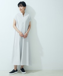 【WEB限定】バンドカラーストライプフレンチスリーブワンピース