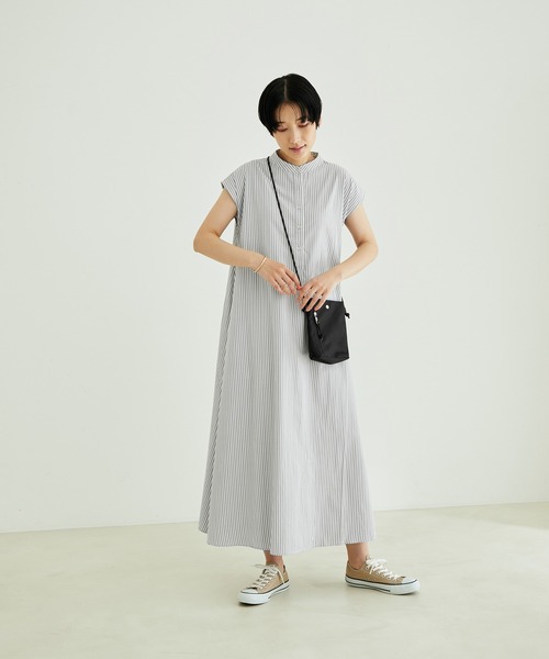 SALON adam et rope'（サロン アダム エ ロペ）の「【WEB限定】バンドカラーストライプフレンチスリーブワンピース（シャツワンピース・レディース・ブラック系その他/ライトグレー/イエロー系その他・FREE）」の14枚目の写真