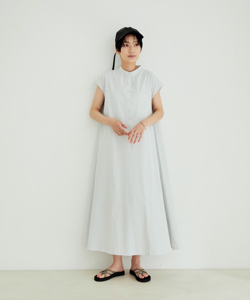 SALON adam et rope'（サロン アダム エ ロペ）の「【WEB限定】バンドカラーストライプフレンチスリーブワンピース（シャツワンピース・レディース・ブラック系その他/ライトグレー/イエロー系その他・FREE）」の16枚目の写真