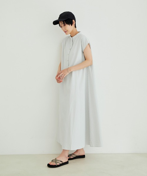 SALON adam et rope'（サロン アダム エ ロペ）の「【WEB限定】バンドカラーストライプフレンチスリーブワンピース（シャツワンピース・レディース・ブラック系その他/ライトグレー/イエロー系その他・FREE）」の12枚目の写真