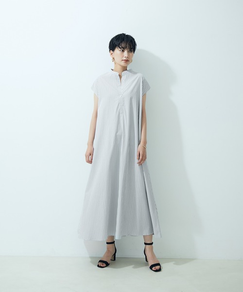 SALON adam et rope'（サロン アダム エ ロペ）の「【WEB限定】バンドカラーストライプフレンチスリーブワンピース（シャツワンピース・レディース・ブラック系その他/ライトグレー/イエロー系その他・FREE）」の21枚目の写真