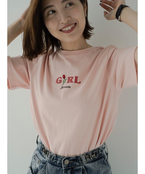 JUMELLE(ジュメロ)の「GIRL刺繍T(Tシャツ/カットソー・レディース・ピンク/ホワイト・FREE)」の2枚目の写真