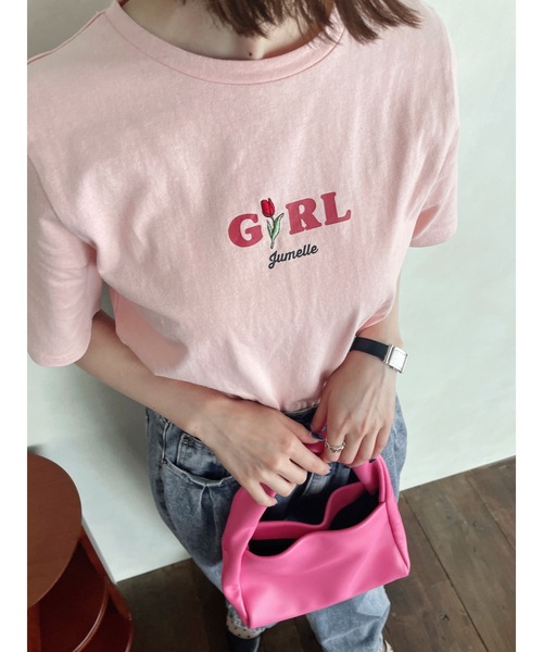 JUMELLE(ジュメロ)の「GIRL刺繍T(Tシャツ/カットソー・レディース・ピンク/ホワイト・FREE)」の3枚目の写真