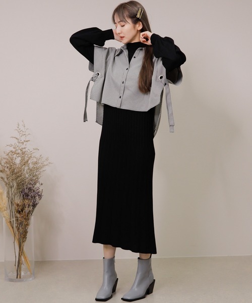 LADYMADE（レディメイド）の「シャツベストレイヤードプリーツニットワンピース（ワンピース・レディース・ブラウン/パープル/ブラック・FREE）」の2枚目の写真